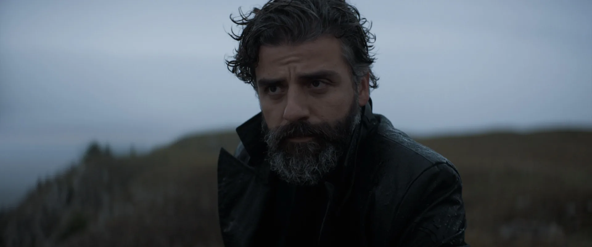 Close-up portrait of a bearded man with wet dark hair, dressed in black, against a desert landscape under a grey sky